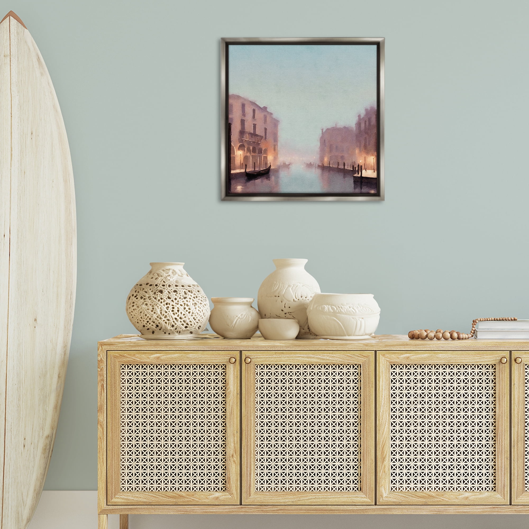 Stupell Industries Lights In Misty Canal Buildings & Architecture Painting Gray Floater Framed Canvas Art Print Wall Art, 25 x 25