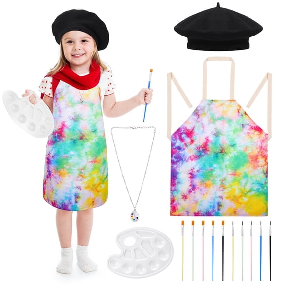 sixwipe 14 Pcs Kids Artist Costume Accessories Set, Painter Dress-Up with Beret Hat Tie Dye Apron for Halloween Career Day Costume