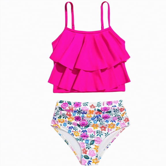 NOLDARES Girls Swimsuit Two Piece Cute Floral Print Kids Swimwear Comfortable Stretch Fabric for Beach Holiday(Hot Pink,8-9 Years)