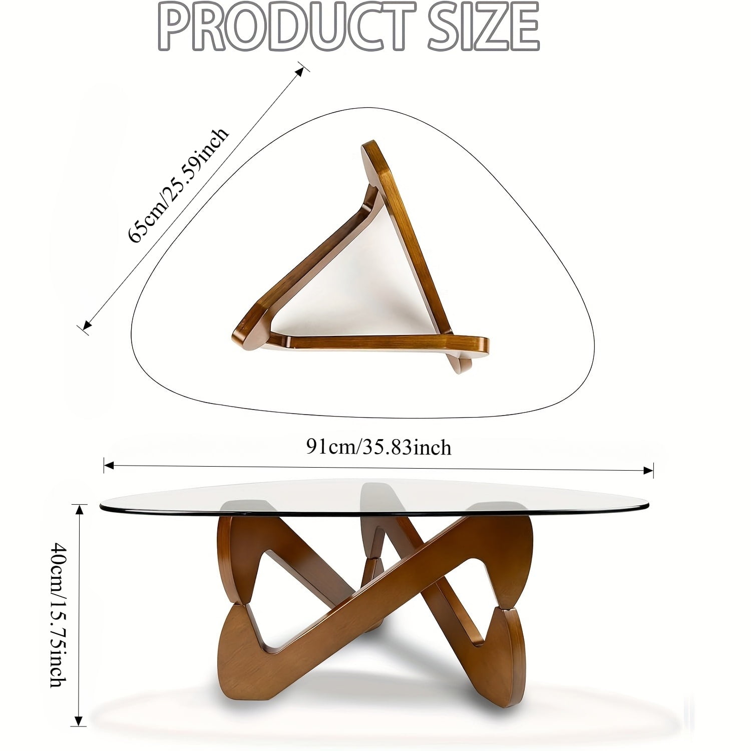 Triangle Glass Coffee Table for Living Room Side Table,with Irregular Wooden Base End Table,Mid-Century Modern Abstract End Table,for Study Room Office Hotel Balcony(35.8in, Wood-Brown)