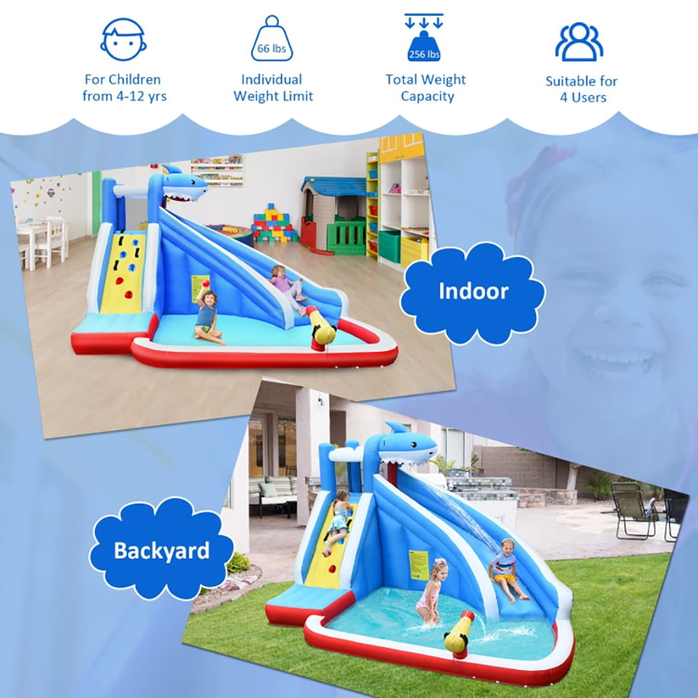 Aimee Lii Inflatable Shark Bounce House with Water Slide and Climbing Wall without Blower, Bounce House Water Slide for Kids 5-12