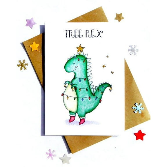 Tree Rex Holiday Greeting Card – Adorable Dinosaur Design with Christmas Lights – Blank Inside, Envelope Included – Perfect for Kids, Friends, and Family Holiday Wishes
