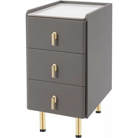 Narrow Nightstand with 3 Drawers, PU Bedside Cabinet, Simple Bedside Table Furniture, End Table with Metal Legs for Bedroom, Living Room (Dark Grey)