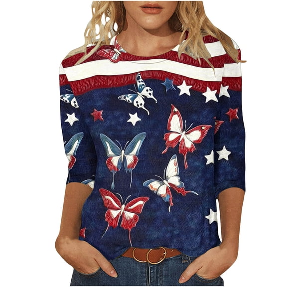 asdoklhq 4th Of July Shirts Womens Graphic T Shirts Usa Patriotic Tops Independence Day Printed Round Neck Three Quarter Sleeve 3/4 Sleeve T-shirt Hoodie Fashionable Loose Top Blue L