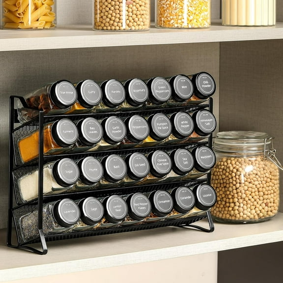 Spice Rack Organizer with 28 Glass Jars, Labels & Funnel for Kitchen Cabinet
