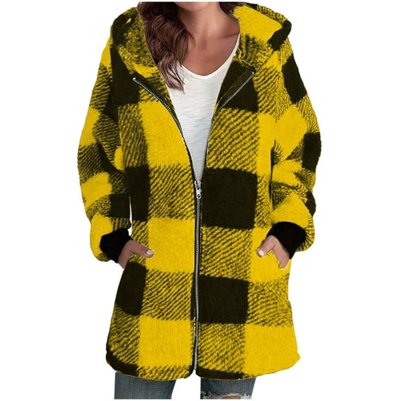 Flannel Shirt Women Plaid Shirts Winter Coat Shackets Jackets Casual Hooded Long Sleeve Jacket Fall Outfits for Women 2025 Yellow M