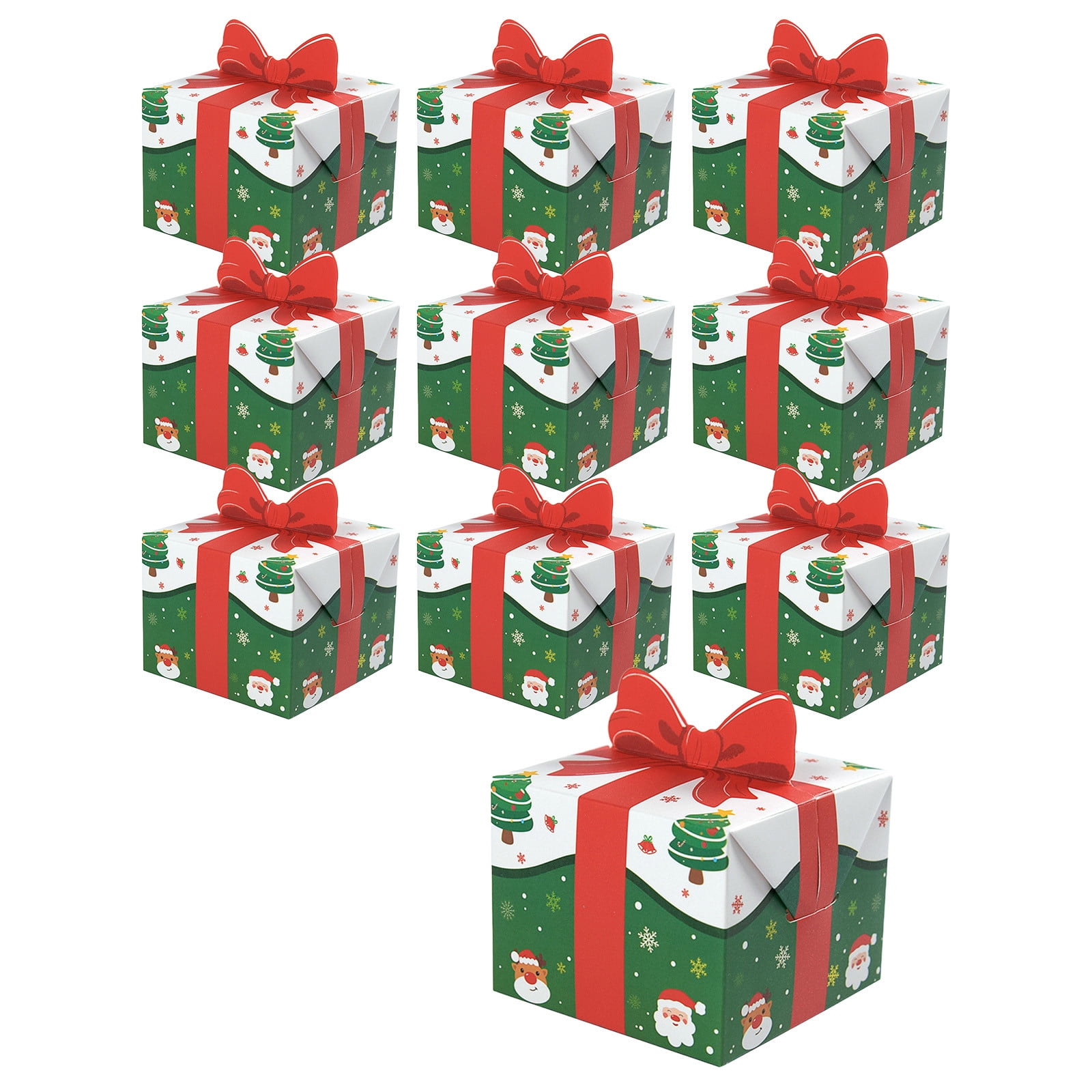 Cadorn 10 PCS 3D Christmas Goody Gift Boxes with Bow for Holiday Xmas Goodie Paper Boxes, School Classroom Party Supplies, Candy Treat Cardboard Cookie Boxes for Gift Giving