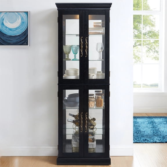 71"H Lighted Curio Cabinet, Glass Display Cabinet with 4 Door and Adjustable Shelves, China Cabinet for Living Room, Kitchen & Pantry, Black