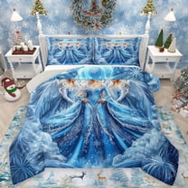 Homewish Cartoon Princess Queen Comforter Set,Kawaii Snowflake Bedding Sets,Blue White Bedding Comforter Set For Girls Kids,Ultra Soft Home Decor Reversible,3 Pieces