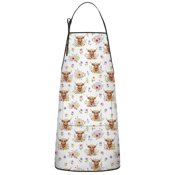 White Highland Cow Flower Pattern Apron-Garden Aprons for Women with Pockets-Cotton Linen Waterproof Kitchen Cooking Gardening Aprons Adjustable for Kitchen,Cooking,BBQ and Salon 33x27 Inch