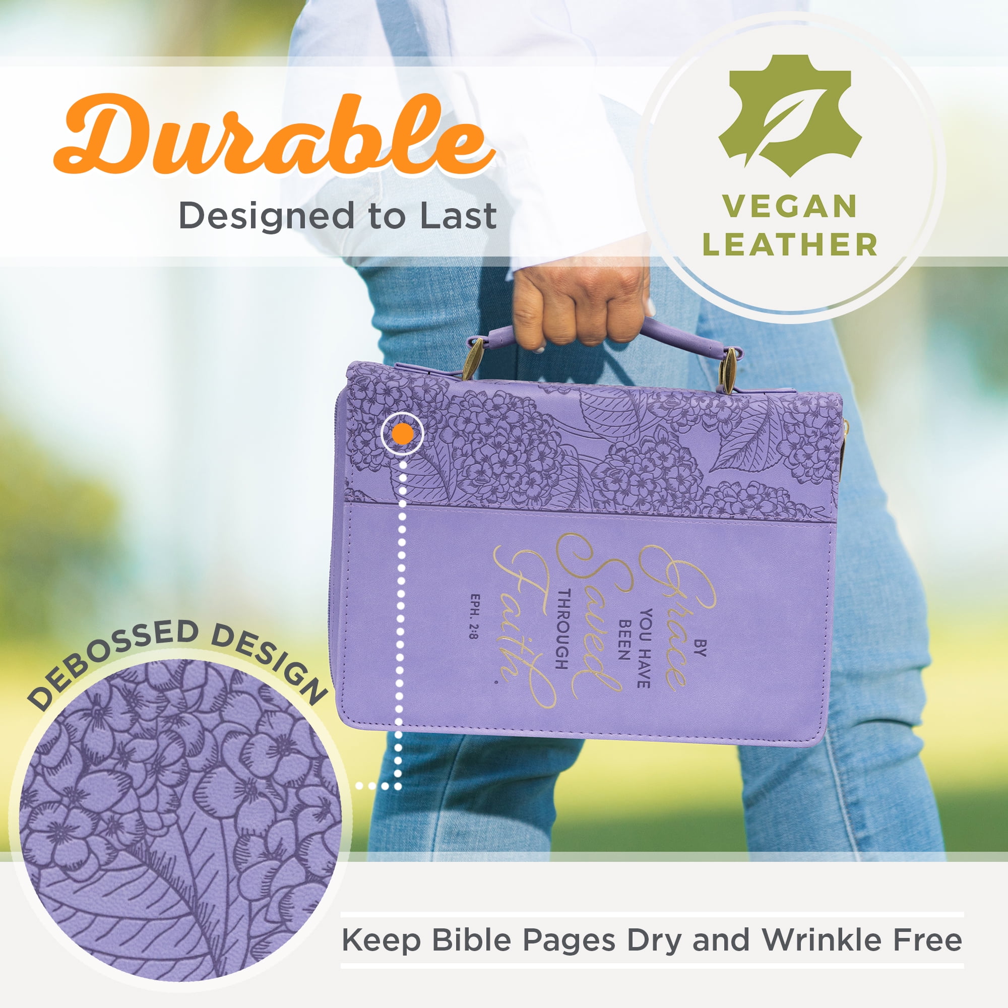 Christian Art Gifts Faux Leather Fashion Bible Cover for Women: By Grace You Have Been Saved - Ephesians 2:8 Inspirational Bible Verse, Hydrangea Lilac Purple, Large