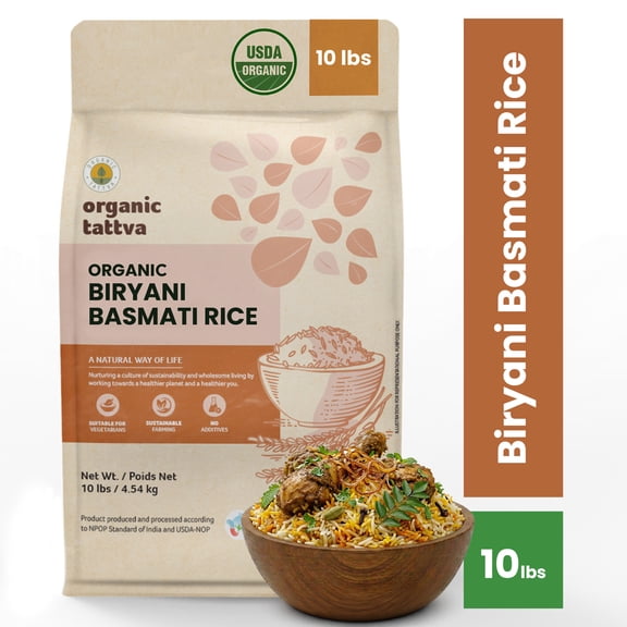 Organic Tattva Biryani Long Grain Basmati Rice 10LB, Biryani White Rice, Vegan, Non GMO, No Additives, Gluten Free, USDA Certified