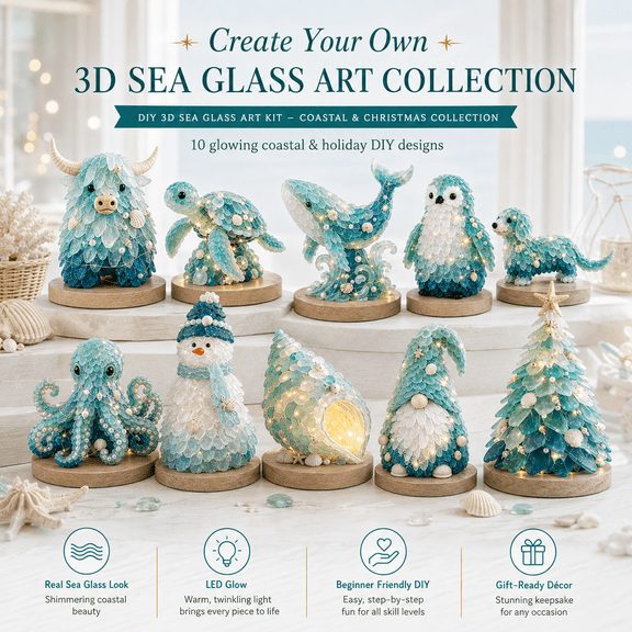 DIY 3D Sea Glass Art Kit, Coastal & Christmas Collection with LED Lights, Sea Glass Craft Kit for Adults, Ocean Animal and Holiday Tabletop Decor, Creative Handmade Gift