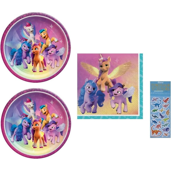 My Little Pony Birthday Party Supplies Bundle Includes 16 Party Paper Plates 9", 16 Paper Napkins 2-Ply 6.5", 1 Dinosaur Sticker Sheet