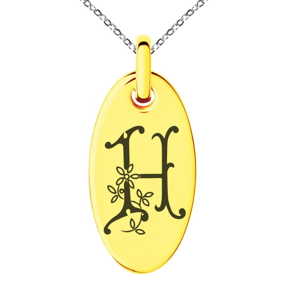 Stainless Steel Letter H Initial Floral Monogram Engraved Small Oval Charm Pendant Necklace