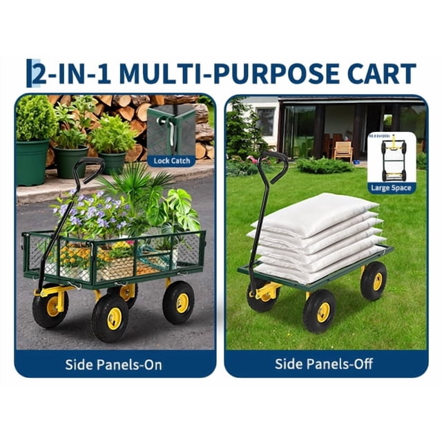 Steel Garden Wagon – Heavy Duty 900 lb 3-in-1 Utility Trailer – Removable Mesh Sides – 10" All-Terrain Tires – 180° Rotating Handle – Flatbed – Lawn, Backyard & Gardening – Yellow + Black