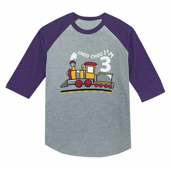 3rd Birthday 3 Year Old Boy Choo Train 3/4 Sleeve Baseball Jersey Toddler Shirt 5T Purple