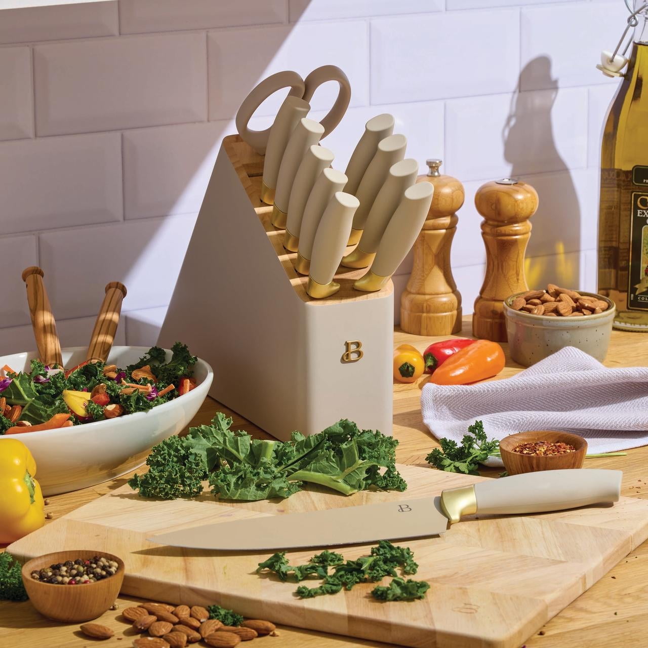 Beautiful 12 Piece Porcini & Gold Knife Block Set with Soft-Grip Ergonomic Handles by Drew Barrymore