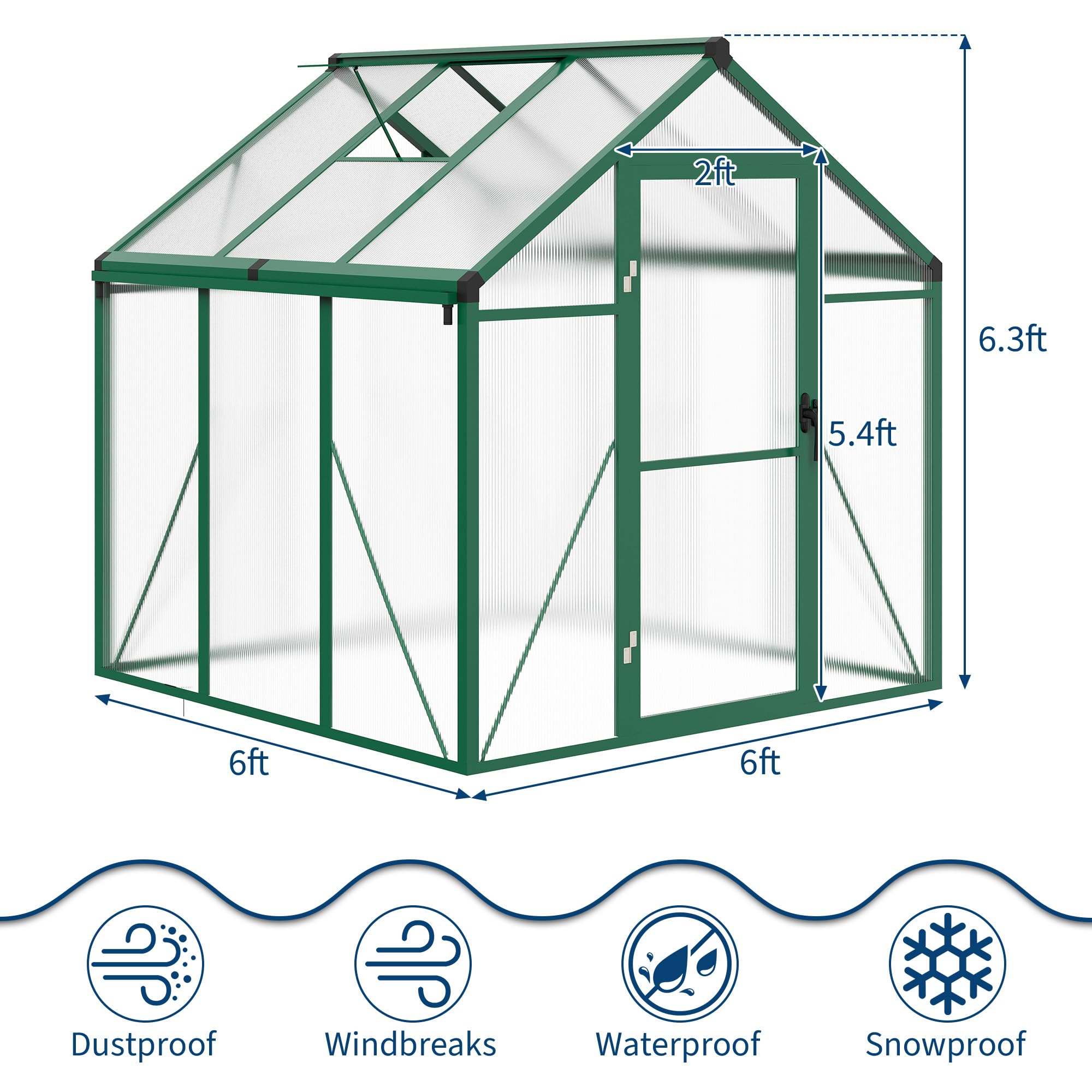 6x6 FT Walk-In Greenhouse for Outdoor Gardening, Polycarbonate with Roof Vent, Quick Setup, Enhanced Aluminum Frame - Ideal for All Seasons