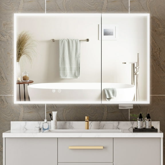 Yamissi Bathroom Cabinet with Mirror & LED Lights, Wall-Mounted Medicine Cabinet w/ Defogger, Dimmable, Memory Function, 31.5"x23.6", Black