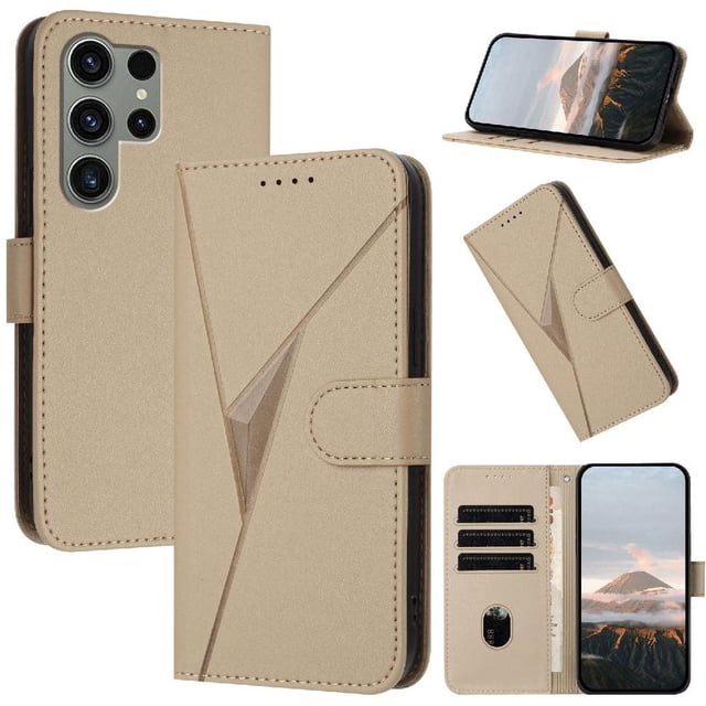 Étui à Rabat Premium pour Samsung Galaxy S23 Ultra Texture Fibre de Carbone, Support et Fermoir Magnétique Or