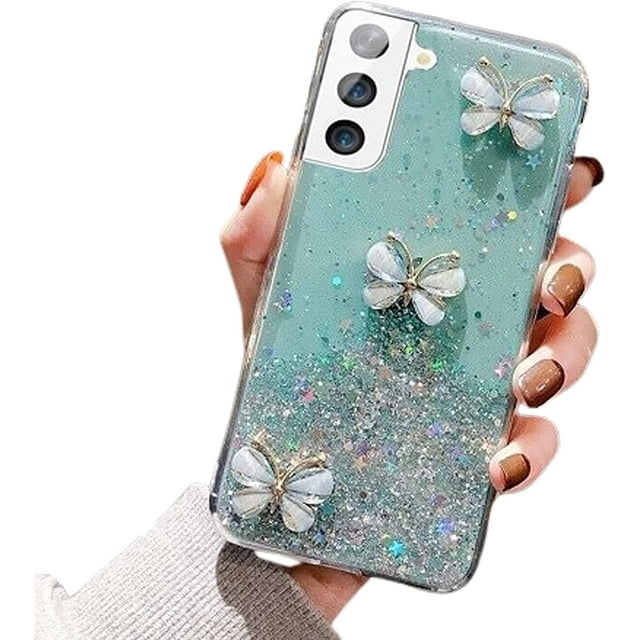 For Samsung Galaxy S21 Plus Green Smart Shockproof Glitter Crystal butterfly Wrist Strap Cover Case