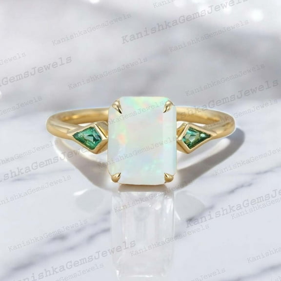 KANISHKAGEMS&JEWELS 8x6MM / 2Ct Emerald Cut Opal Engagement Ring Kite Cut Emerald Proposal Ring Yellow Gold Plated Bezel Set Jewelry Gift For Her