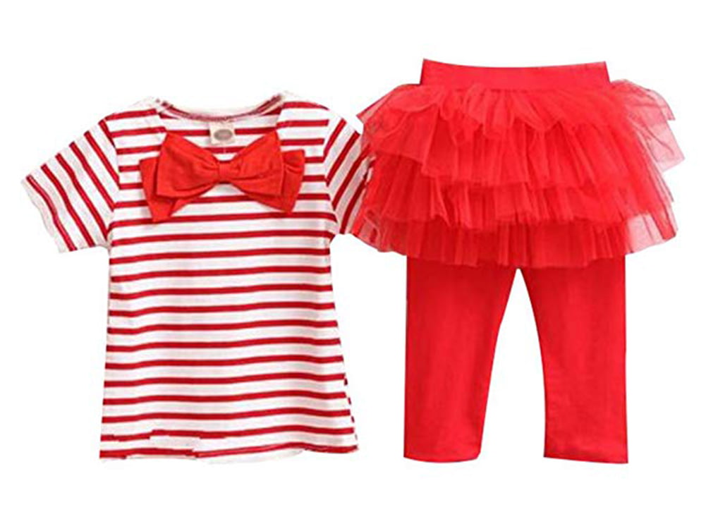 2pc Baby Girls Cartoon bowknot stripes princess skirt leggings Kids Clothes Set 