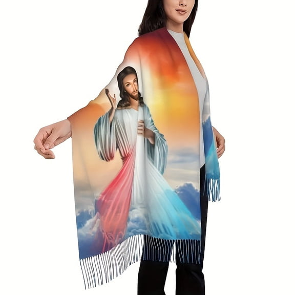 Elegant Religious Figurine Print Scarf Colorful Shawl for Women