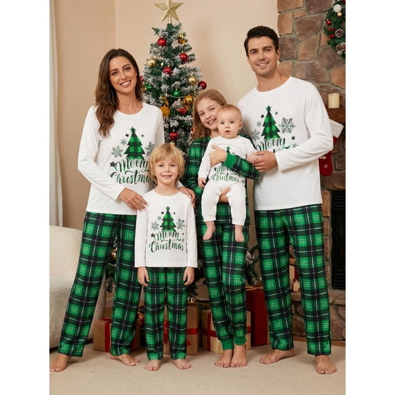 Family Matching Christmas Pajamas, Long Sleeve Christmas Tree Letter Print Tops Green Plaid Pants Sleepwear Outfits