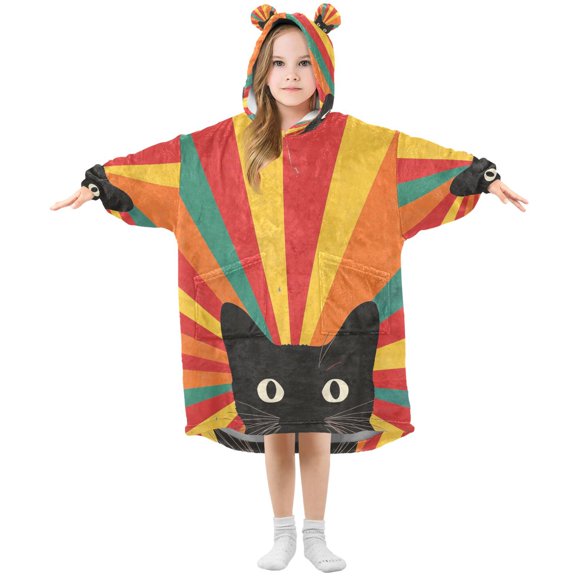 FORMRS Wearable Blanket Hoodie with Sleeves for Kids Cozy Flannel Sweatshirt, Black Cat