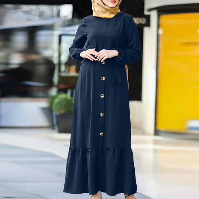 Gspmoly Robes Décontractées pour Femmes, Mode pour Femmes Col Rond Ample Manches Longues Robe Unie Longueur Cheville Longue Robe Robe de Cocktail Articles en Liquidation