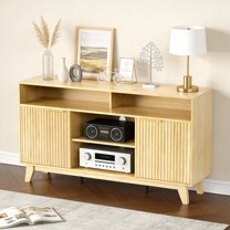 Zimtown 58" Mid-Century TV Stand with Fluted Doors, Walnut Wood Television Stand with Storage for 60inches TV, Modern Entertainment Center