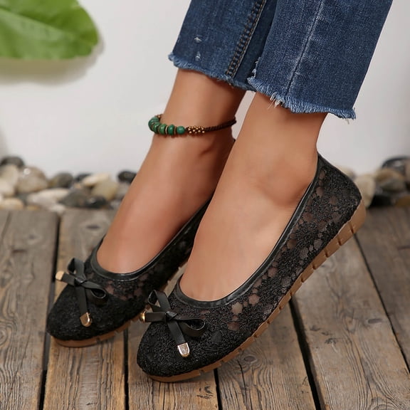 DIVVce Flats For Women Lace Bow Round Toe Comfortable Slip On Breathable Lightweight Casual Dressy Footwear
