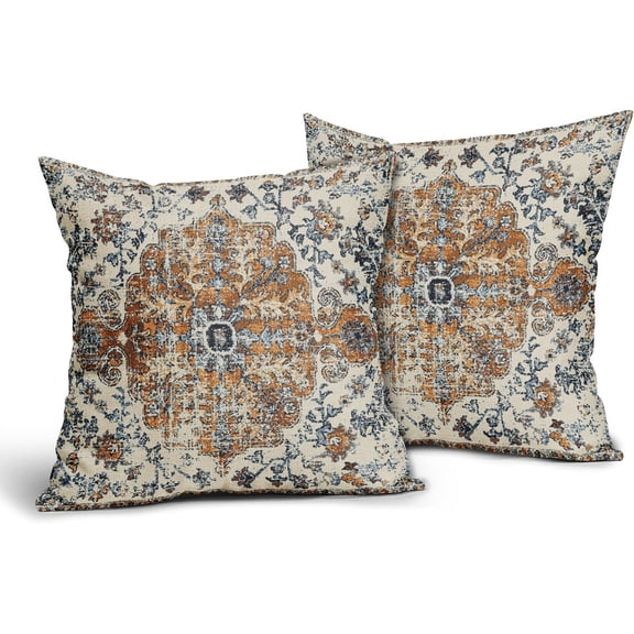 Brown Navy Blue Ethnic Boho Pillow Covers 20X20 Inch Bohemian Carpet Vintage Pillow Cases Gold Black Tan Floral Throw Pillow Set of 2 Home Decor for Room Bedroom Outdoor Porch Patio Cushion