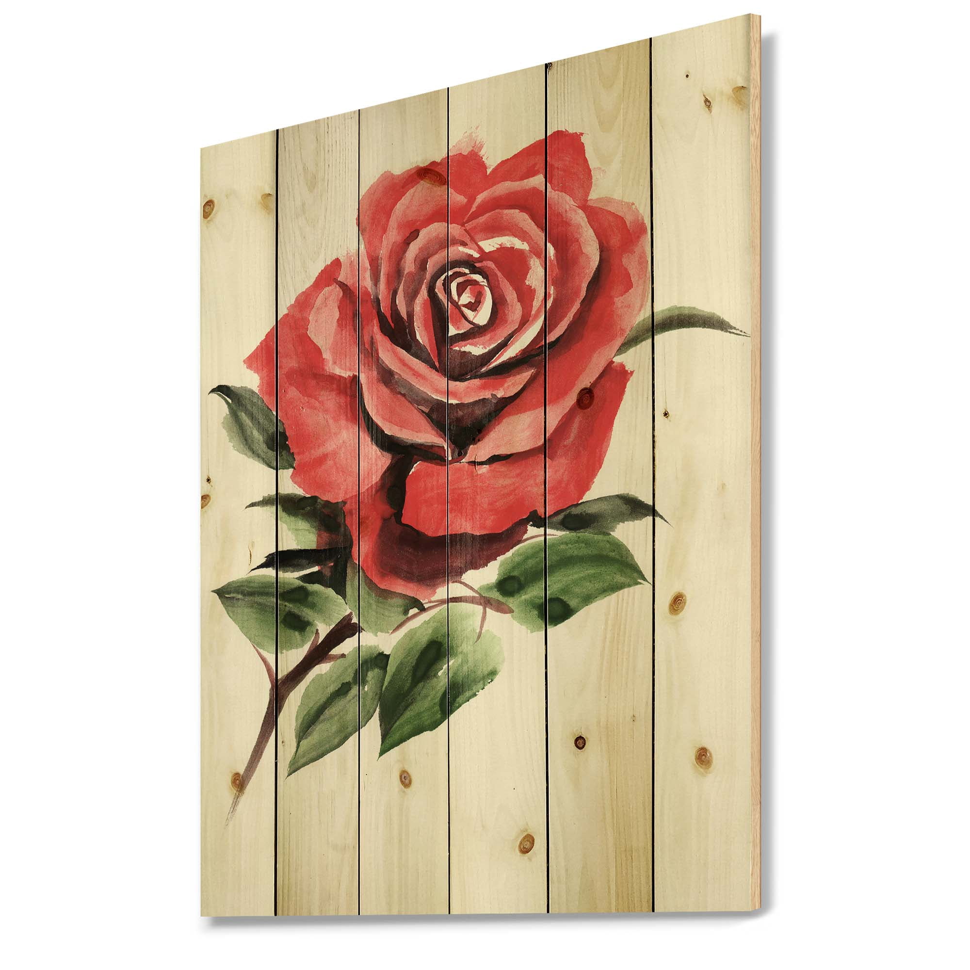 Designart 'Ancient Red Rose Flower III' Traditional Print on Natural Pine Wood