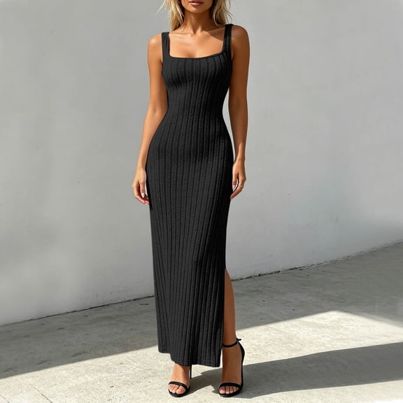 Qulqfy Casual Summer Dresses for Women 2026 Wedding Guest Black Maxi Boho Sleeveless Cutout Square Neck Flowy Plain Corset Backless Beach Long Dresses L
