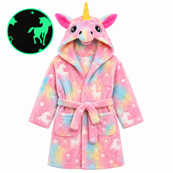 Lalune Duciel Glow in the Dark Unicorn Bathrobe for Girls, Soft Hooded Coral Fleece Robe with Belt & Pockets, Ages 3-12