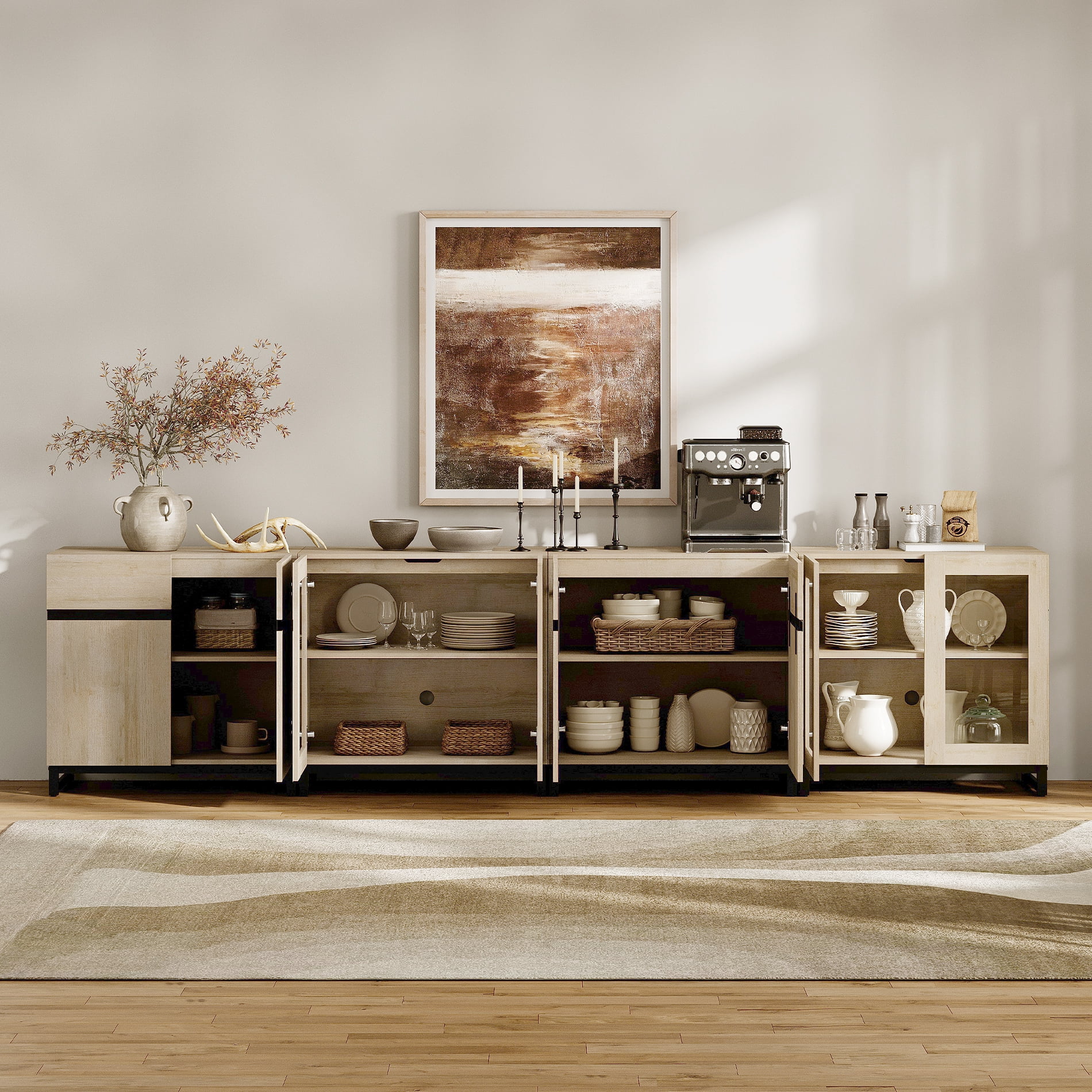Modern Sideboard With Adjustable Shelves, 4 In 1 Storage Cabinet With Glass Doors, Coffee Bar Cabinet For Living Room, Kitchen,Dinning Room,Beige