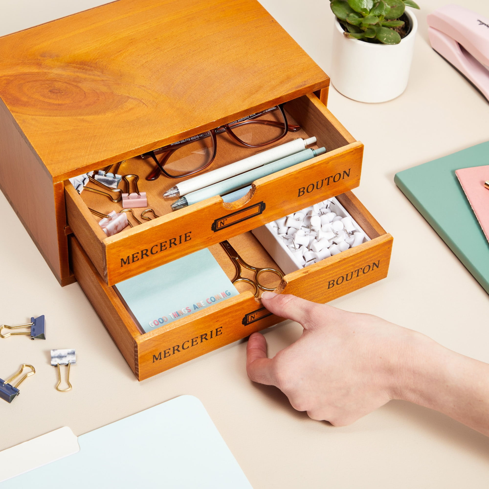  YRHH Small Wooden Desk Storage Box with Drawers