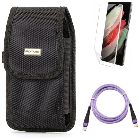 Case Belt Clip w Purple 10ft PD Cable w Matte Screen Protector for Samsung Galaxy S21 Plus - Rugged Holster, Type-C to USB-C Fast Charger Cord, TPU Film Anti-Glare Accessory Bundle