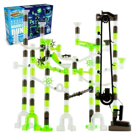 Marble Run Space Elevator with Glass Glow Marbles; Explore The Outer Space, 150 pcs - Illuminated by Glow in The Dark Marbles, Navigate an Intricate Maze Track, and Compete in an Exciting Race Set