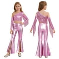 thumbnail image 6 of Miutii Kids Girls 2 Piece Sequin Dance Outfit Long Sleeve Metallic Fringed Crop Top and Stretchy Bell Bottom Pants Pink 16, 6 of 7