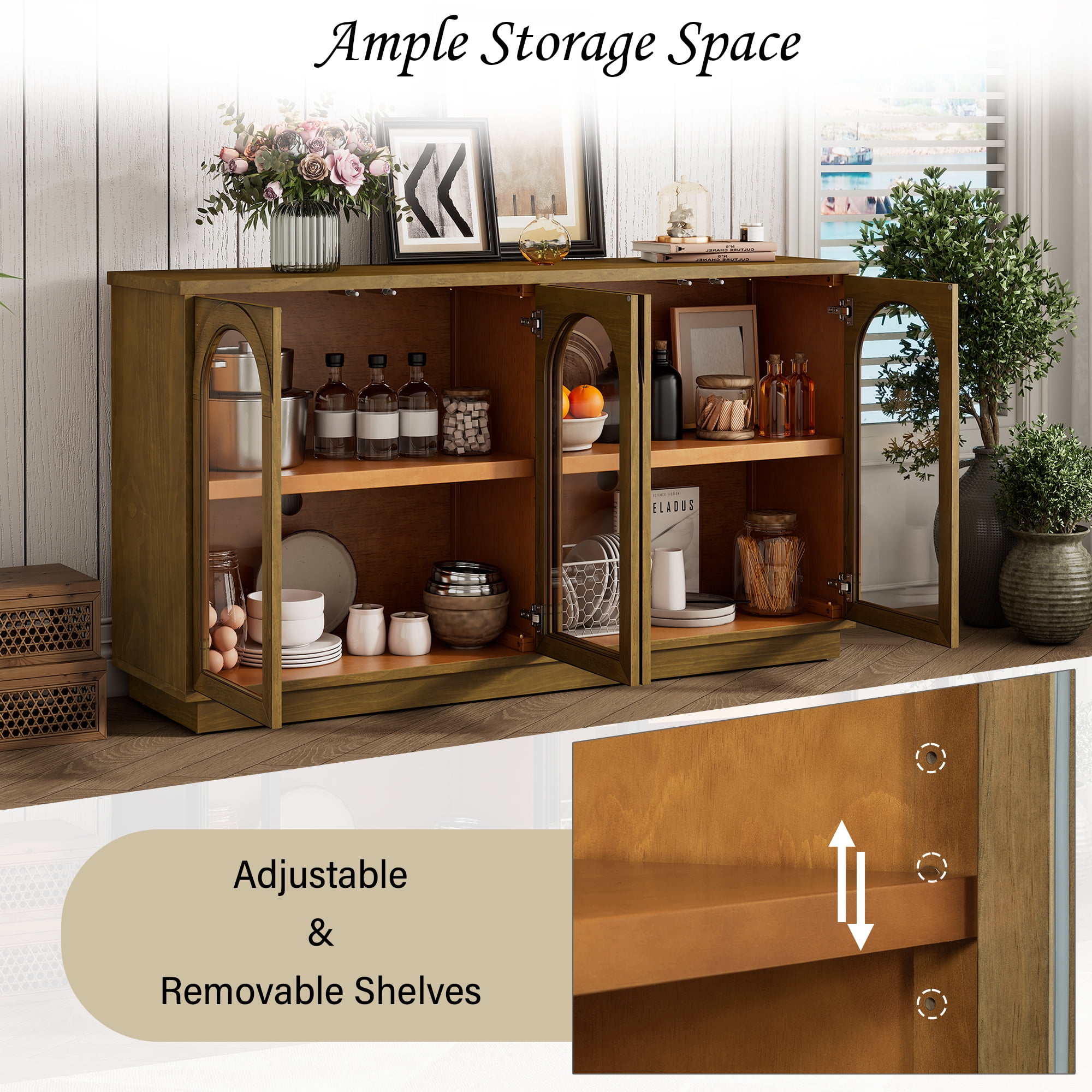 Aukfa Storage Buffet Cabinet with 4 Glass Doors, Large Arched Cabinet,Old Pine