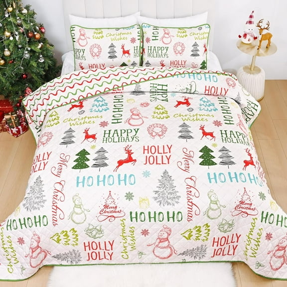 Christmas Quilt  Size 3-Piece Set - Ultrasonic Quilted Snowman & Tree Design, Red & Green