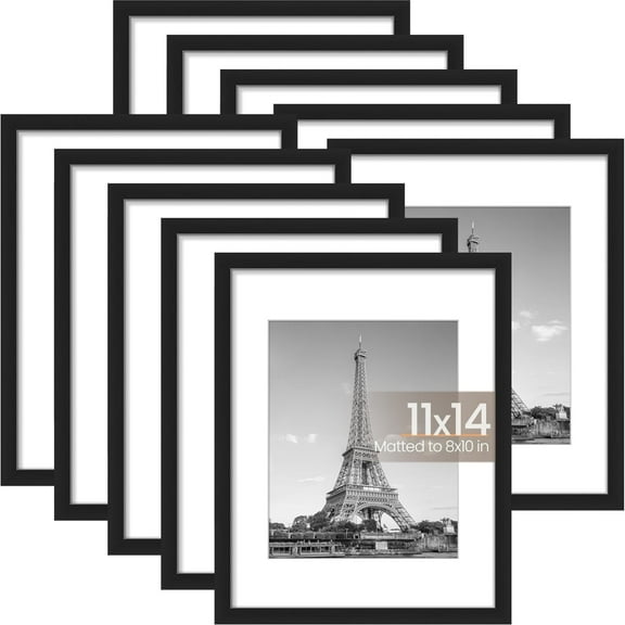11x14 Picture Frame Set of 10, Display Pictures 8x10 with Mat or 11x14 Without, Multi Photo Frames Collage for Wall Display, Black