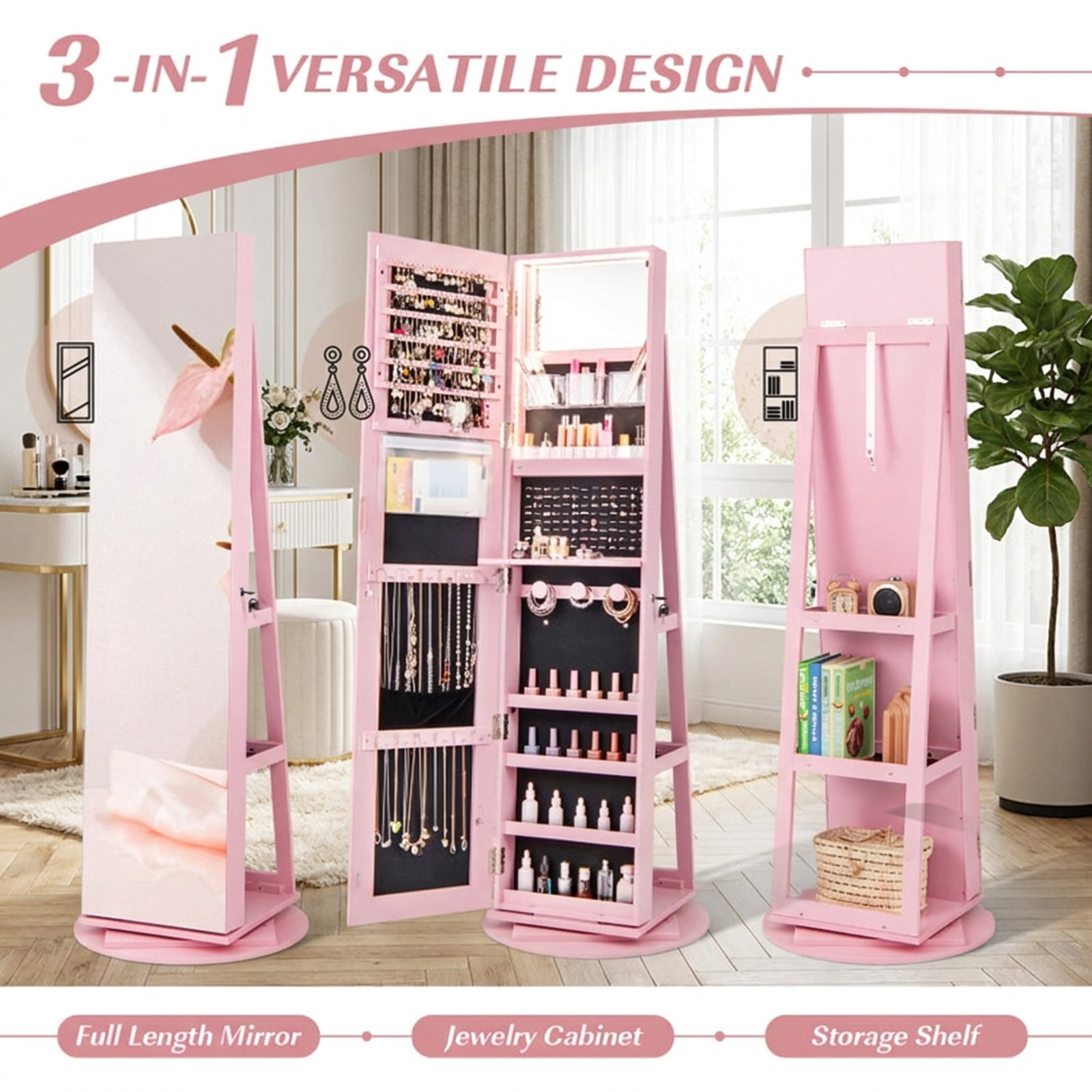 Furnibear 360° Rotating Mirrored Jewelry Cabinet Armoire 3 Color LED Modes Lockable for Bedroom Dressing Room Jewelry Necklace Rings Storage, Pink