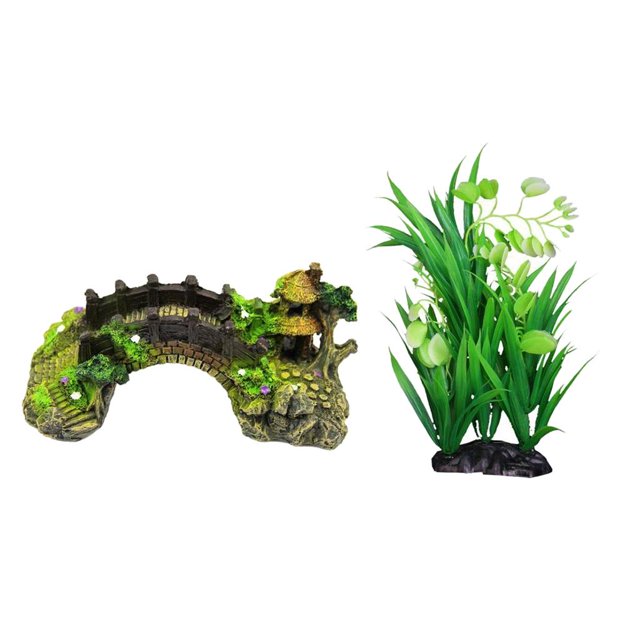 Ornamento de Agua Gloria Decoración de Cueva Puente Paisaje + Planta Plástica artificial