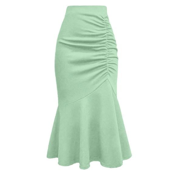 Ohufall Womens Fishtail Skirts Plus Size Solid Casual Slim Fit Hip Hugging Skirt Ladies Fashionable Elegant Ruffled Hem Bodycon Skirts for Evening Party