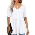 thumbnail image 2 of Blusa de manga corta con cuello en V para mujer, blusa de manga corta con volantes de Color puro a la moda para verano, color blanco S, 2 of 5